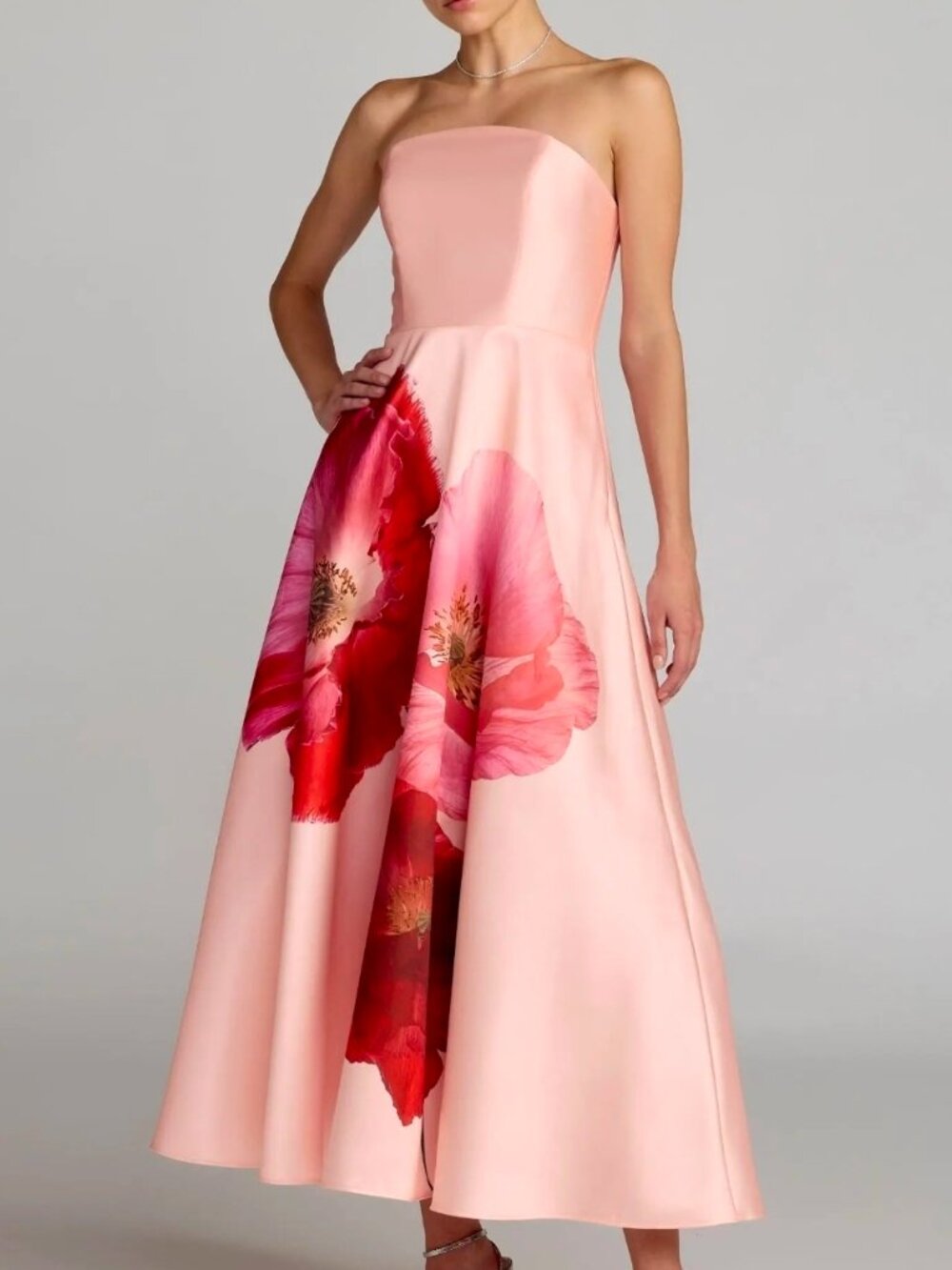 Mac Duggal Pink Floral Mikado Strapless A-Line Midi Dress Wedding Bridesmaid - 6